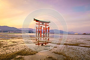 The floating gate of Itsukushima Shrine at sunset