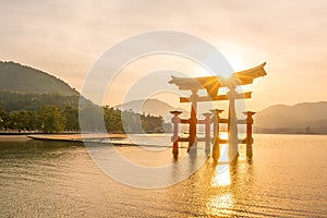The floating gate of Itsukushima Shrine at sunset