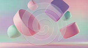 Floating geometric shapes in a pastel-colored abstract setting. The scene include