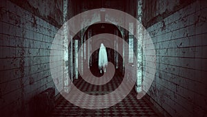 Floating Ghost in a Asylum Halloween Dark Film Grain Analogue Aesthetic Gothic Building with Ghost Hunters Camera Flash