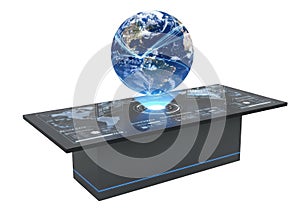 Floating globe on futuristic interactive table with digital interface and world map