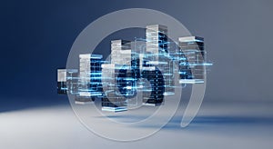 Floating in a gradient blue background, multiple futuristic data