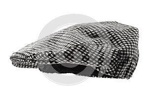 Floating grey hunting tweed flat cap or newsboy cap isolated on white background with clipping path cutout using ghost mannequin