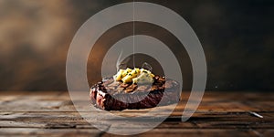 Floating grilled steak with garlic butter on a blurred farm table background.