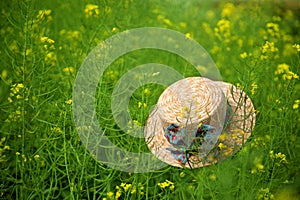 Floating hat in flower field