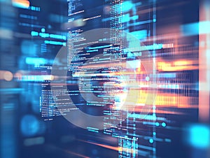 Floating holographic screens and code elements, soft depth blur, abstract UI representation