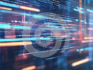 Floating holographic screens and code elements, soft depth blur, abstract UI representation