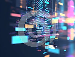 Floating holographic screens and code elements, soft depth blur, abstract UI representation