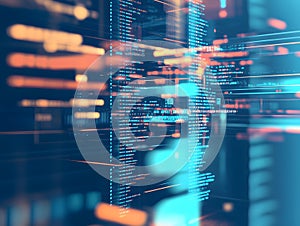 Floating holographic screens and code elements, soft depth blur, abstract UI representation