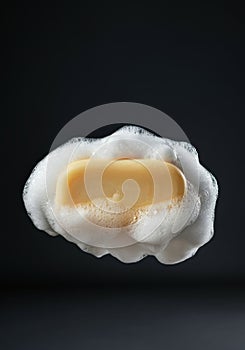 A floating horizontal soap with foam and bubbles, no lebels, on a solid white background