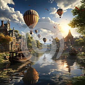 Floating hot air balloons over a city