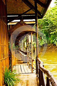 Floating hotel houses on Kwai river.