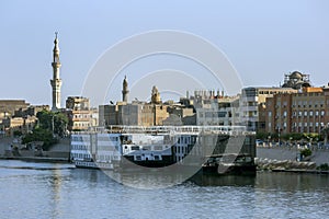 Floating hotel ships at Esna in Egypt.