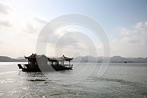 Floating house boats in lake