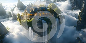 A Floating House in the Clouds with Waterfalls