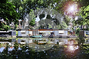 Floating houses surrounded by vegetation