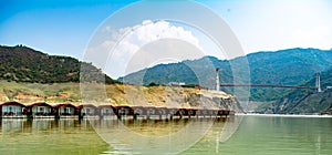 Floating Huts on tehri lake, Floating resort on tehri lake, Uttarakhand, India. Maldives of india. Tehri lake in Uttarakhand,