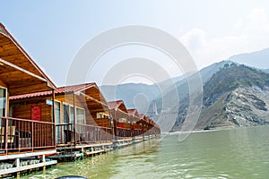 Floating Huts on tehri lake, Floating resort on tehri lake, Uttarakhand, India. Maldives of india. Tehri lake in Uttarakhand,