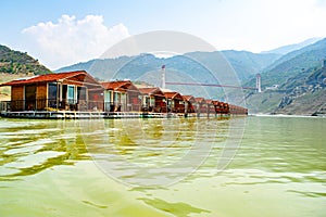 Floating Huts on tehri lake, Floating resort on tehri lake, Uttarakhand, India. Maldives of india. Tehri lake in Uttarakhand,