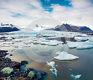Floating ice box on the Fjallsarlon glacial lagoon