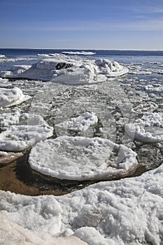 Floating ice burgs at Lake Superior shore in Michigan upper peninsula photo