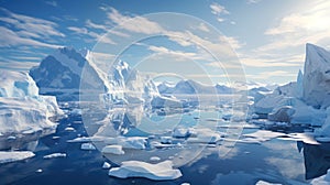 Floating ice and glacier in Antarctica, view of icebergs in sea and frozen shores. Antarctic landscape with clean water and snow.