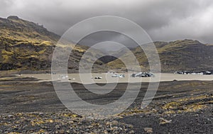 Floating ice in the river at Solheimajokull glacier in southern Iceland.