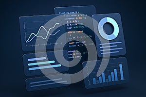 floating interface with graphs and code display for data analysis and technology visualization. concept of digital innovation