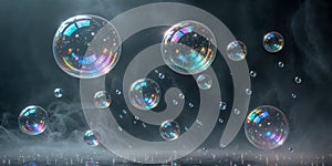 Floating Iridescent Soap Bubbles in Dark Dreamy Atmosphere.