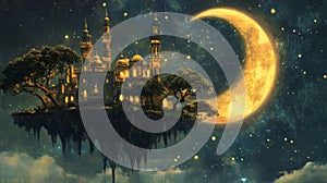 Floating Island Castle Under Crescent Moon Night Sky