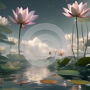 A floating island covered in shimmering, translucent water lilies that defy gravity as they hover above the water4