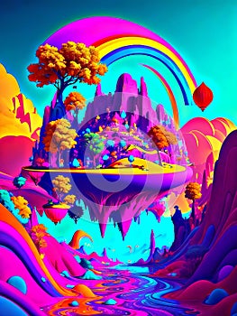 Floating island in fantasyland with rainbow AI Generated
