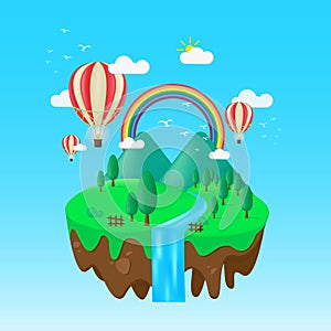 Floating island in flat illustration with mountain; hill; and air balloon. Rainbow panorama illustration. Summer vector background