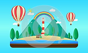 Floating island in flat illustration with mountain, sea, and air balloon. Rainbow panorama illustration. Summer vector background