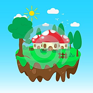 Floating island in flat illustration with mushrooms house, hill, and panorama. Summer time illustration. Summer vector background