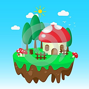 Floating island in flat illustration with mushrooms house, hill, and panorama. Summer time illustration. Summer vector background