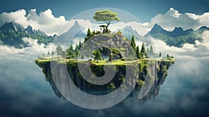 Floating island, Flying green forest land with trees, green grass, mountains, blue water and waterfalls isolated with clouds