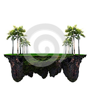 Floating island with green plam tree and grass field