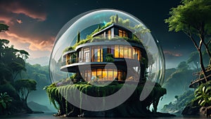 Floating island hobbit house transparent neon modern photo