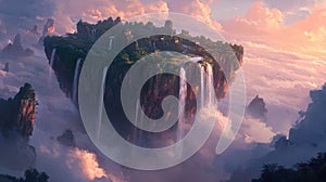 A floating island with lush greenery cascading waterfalls into the clouds during a serene sunset sky