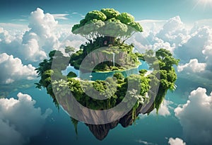 Floating Island with Lush Greenery and Crystal Clear Waters