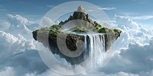 Floating Island Paradise Digital Art of a Cloudtop Oasis with Waterfall