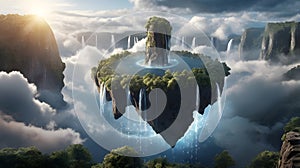 floating island in the sky with waterfalls falling into the clouds below,