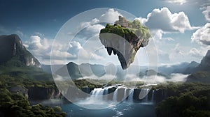 floating island in the sky with waterfalls falling into the clouds below,