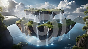 floating island in the sky with waterfalls falling into the clouds below,