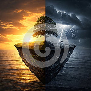 Floating Rock Island with Weather Contrast