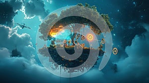 Floating island tree fantasy artwork, night sky, steampunk