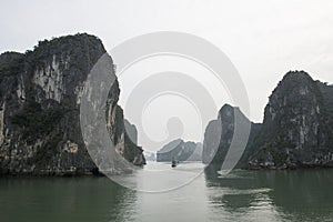 Floating islands in Halong Bay in winter, Vietnam.