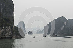 Floating islands in Halong Bay in winter, Vietnam.