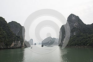 Floating islands in Halong Bay in winter, Vietnam.